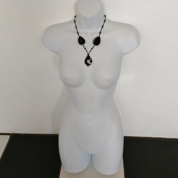 Black Beaded Statement Necklace With Agate Teardrop Pendants Handmade 19 Inches - Picture 9 of 12